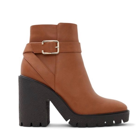Aldo Tan Ankle Boots with Black Chunky Heel